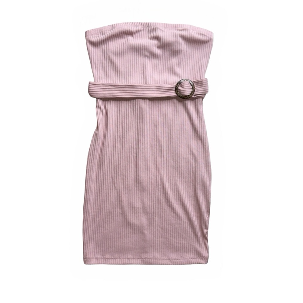 Iris Basic Blush Pink Ribbed Strapless Mini Belt Dress NWT, Size M